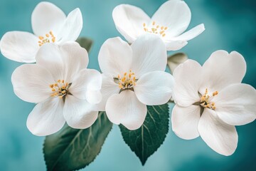 Delicate White Apple Blossoms on Teal Background