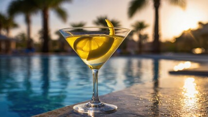 A close-up of a classic martini glass with a lemon twist, sitting on the edge of a sparkling blue pool at sunset, with palm trees in the background.