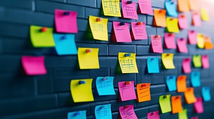 Fototapeta premium A colorful arrangement of sticky notes on a dark wall showcasing organization and creativity in a modern workspace environment