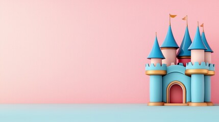 Fototapeta premium Colorful Playful Castle with Blue Towers and Pink Background