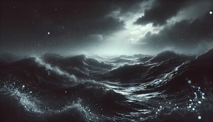 Fototapeta premium Dark stormy ocean with black waves and faint gray foam glimmering under faint light