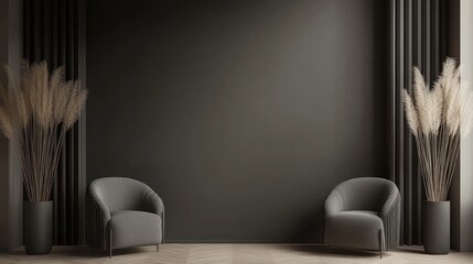 Dark room interior with armchairs and pampas grass.