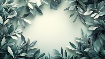 A refined border of olive branches in a symmetrical layout, the leaves displaying rich green tones with a hint of silver, soft light highlighting the textures, clean central area for text,