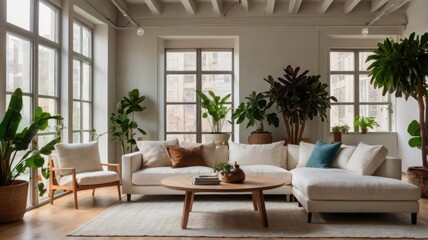 A warm, inviting space featuring a white sofa, plush cushions, greenery, and airy furnishings.