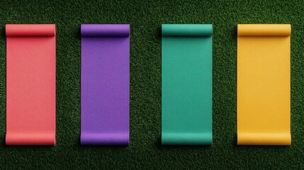 A vibrant collection of yoga mats arranged on artificial grass, showcasing different colors for a refreshing workout ambiance.