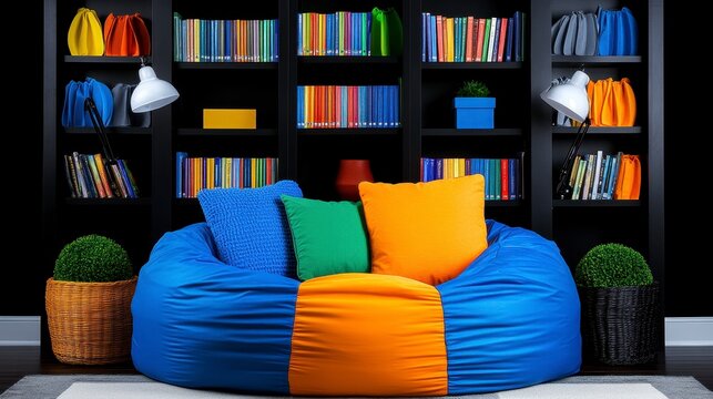 Cozy and colorful bean bag chair in a modern reading nook surrounded by neatly organized books and decorative plants