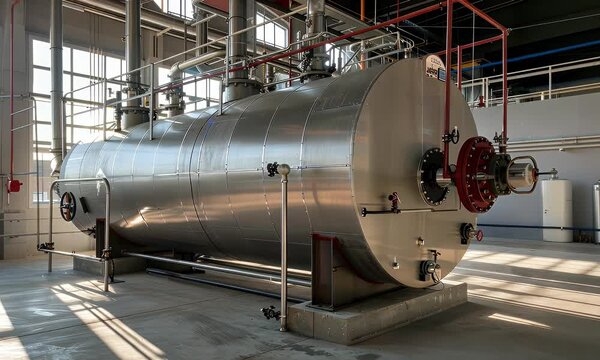stainless steel boiler tank indoor technology and industrial concept