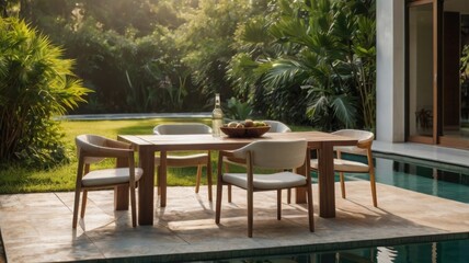 A modern outdoor dining ensemble with elegant chairs, surrounded by vibrant foliage and a sparkling pool.