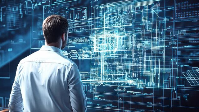 A handsome engineer presents innovative construction plans using modern software and tools.