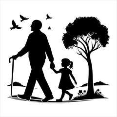 Grandparents walking silhouette vector. Child enjoying with grandfather and grandmother vector art illustration on a white background