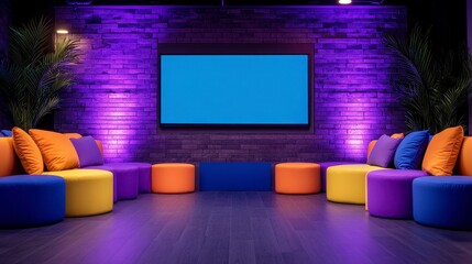 A vibrant modern lounge area featuring colorful seating and a large blank screen, perfect for relaxation or gatherings in a stylish setting