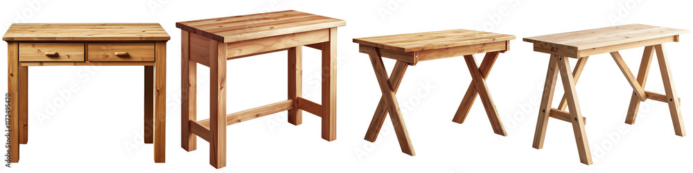 Poster isolated collection of basic wooden work desks featuring different designs and structures for creati