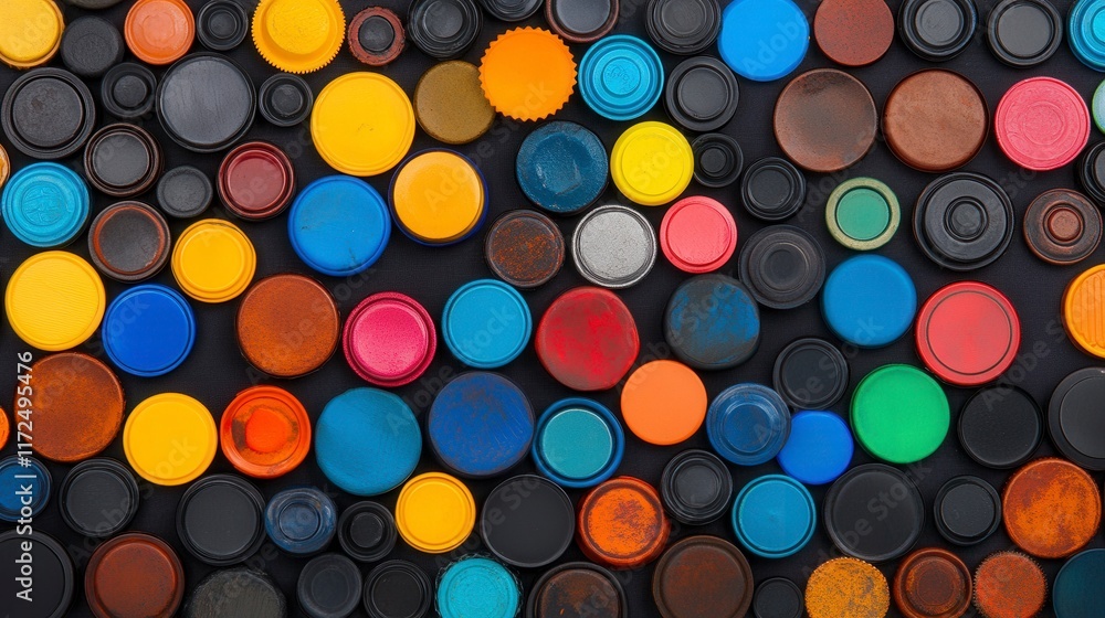Poster colorful collection of bottle caps arranged in an artistic mosaic pattern highlighting various shape