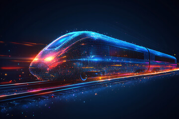  train moving swiftly along modern tracks, emphasizing speed, innovation, and advanced transportation technology. The train features a sleek aerodynamic design