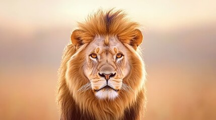 A close up portrait of a male lion with a thick, flowing mane, his amber eyes staring directly at the camera against a blurred savanna background.
