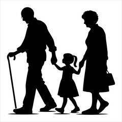 Grandparents walking silhouette vector. Child enjoying with grandfather and grandmother vector art illustration on a white background
