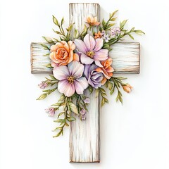 Rustic Floral Cross Watercolor Illustration, A beautiful watercolor illustration of a rustic wooden cross adorned with soft pastel flowers and greenery, symbolizing faith, hope, and springtime.  
 
