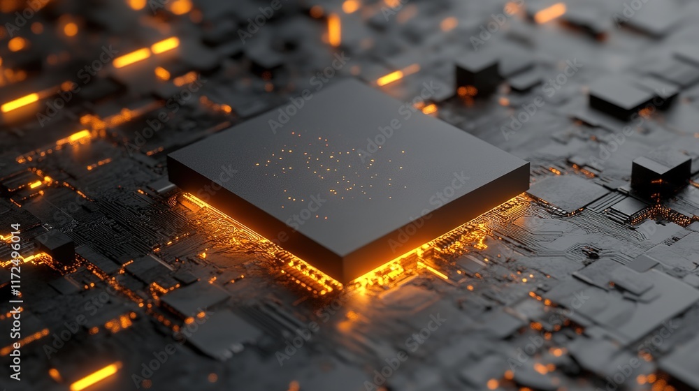Poster futuristic technology concept with glowing circuitry and microchip