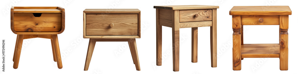 Poster simple wooden bedside tables isolated on white background with unique designs and cut out features f