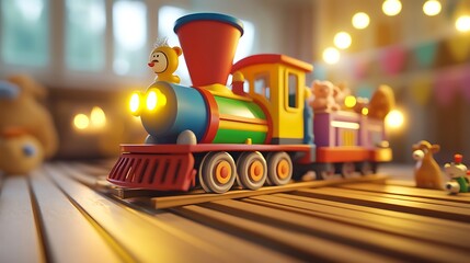 Colorful Toy Train Carries Stuffed Animals Across Wooden Tracks