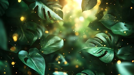 A serene jungle composition of monstera leaves, softly glowing with sunlight, vivid green tones blending with golden highlights, clean central space for text, calming and natural, hd quality.