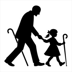 Grandparents walking silhouette vector. Child enjoying with grandfather and grandmother vector art illustration on a white background
