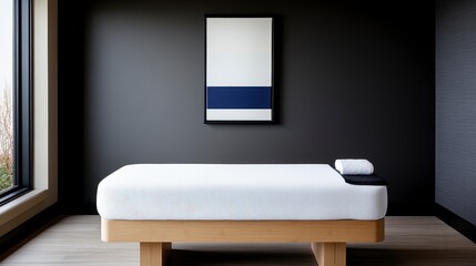 Minimalist spa room featuring a massage table with a soft towel, modern art on the wall, and natural light from the window