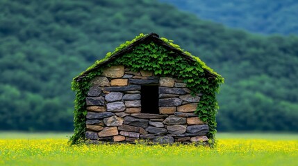 A charming stone cottage enveloped in greenery stands alone in a vibrant yellow field, framed by rolling hills in the distance