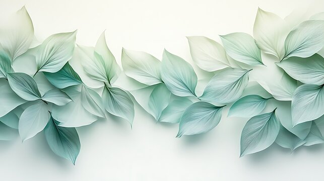 A sleek, minimalistic border of thin, delicate leaves arranged symmetrically, soft gradients of green tones and clean white central space for text, sharp edges and modern design aesthetic, hd quality.