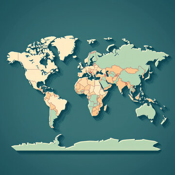 Fototapeta Pastel world map on teal background, countries highlighted, 3D effect