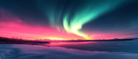 Fototapeta premium Vivid aurora borealis over frozen lake at sunset.