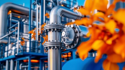 Fototapeta premium Industrial piping system showcasing advanced technology with vibrant orange flowers blooming in close proximity