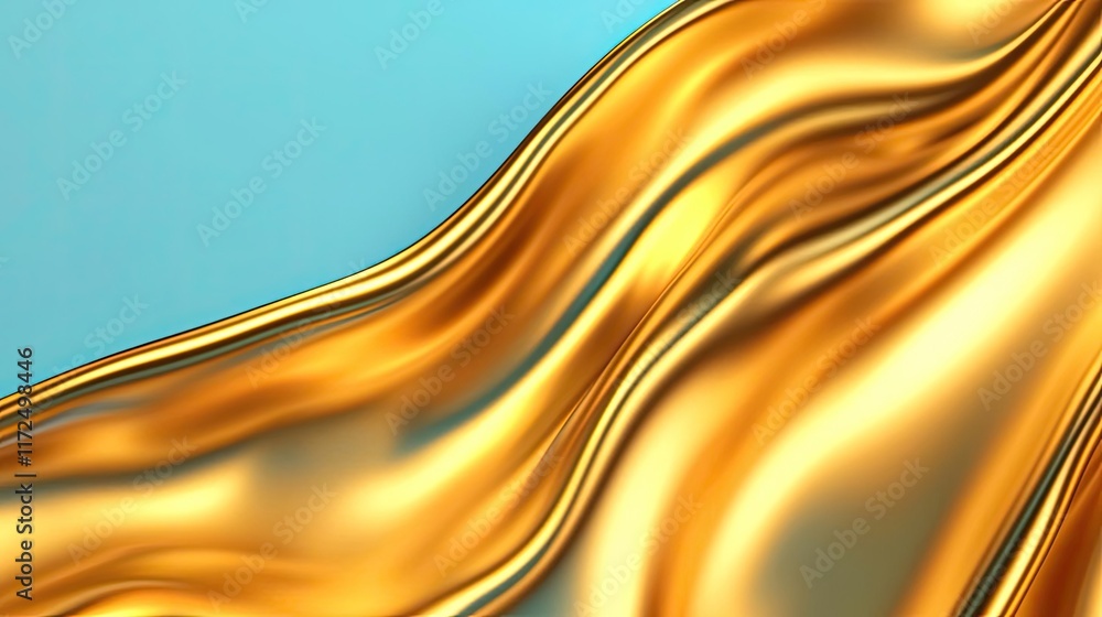 Poster metallic abstract background idea. elegant golden fabric draping with smooth waves on a vibrant turq