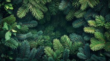 A symmetrical border of lush green pine leaves with detailed textures, forming an elegant and minimalist frame, leaving the center blank for text,