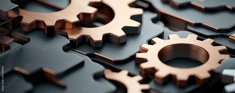 Poster metallic abstract background idea. a close-up view of metallic gears in a mechanical arrangement for