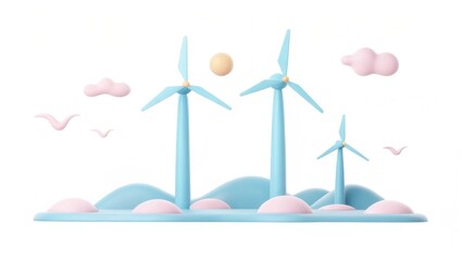 A playful, stylized illustration of wind turbines on rolling hills, with a sunny sky, clouds, and birds, symbolizing renewable energy and sustainability.