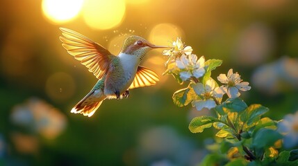 Obraz premium Hummingbird feeding on flower at sunset, nature background, perfect for nature or wildlife publications.