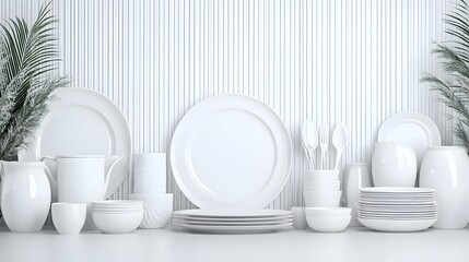 Elegant Arrangement of White Dishware and Tableware on a Minimalist Background with Decorative Green Plants for Modern Dining and Kitchen Decor