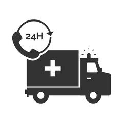 Vector illustration of 24 hour ambulance call icon in dark color and transparent background(PNG).