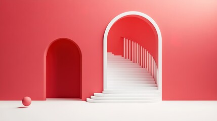 Modern Minimalist Interior with Red Walls and White Stairs Design