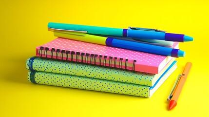 A stack of notebooks pens and highlighters on a yellow background