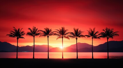 Obraz premium A row of palm trees silhouetted against a fiery red sunrise over the ocean, their fronds swaying gently in the breeze.