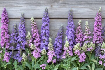 Naklejka premium Purple and Pink Flowers on Grey Wood Background