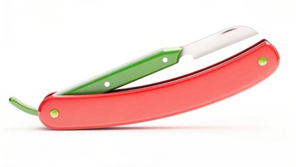 A colorful straight razor featuring a red handle and green accents, ideal for shaving and grooming purposes.