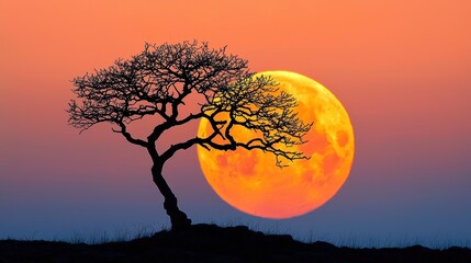 Fototapeta premium The stark silhouette of a leafless tree against a full moon, its branches casting intricate shadows on the ground below.