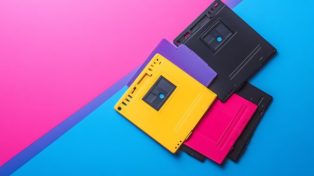 A stack of old floppy disks isolated on a colorful background