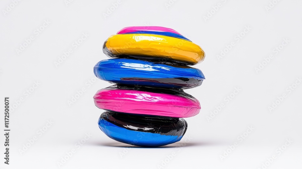 Poster colorful stacked circular objects wrapped in plastic on a minimalistic background showcasing modern 