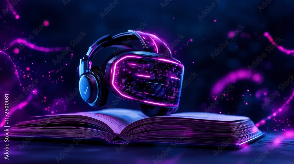 Poster an imaginative depiction of a futuristic headset and an open book illuminated by glowing purple digi