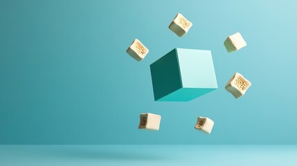 Floating Geometric Cube Surrounded by Texture Blocks in Soft Colors