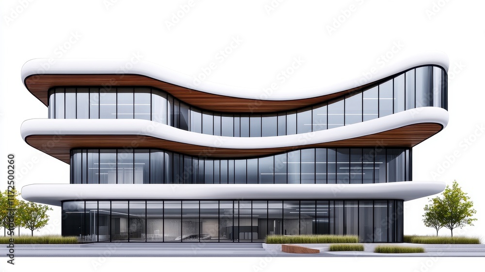 Poster modern architectural design of a sleek, multi-level office building featuring wave-like structure an